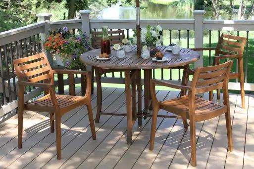 5-Piece Outdoor Set: Folding Eucalyptus Table + Danish-Style Stacking Chairs – Outdoor Interiors 10025 & 20420 1