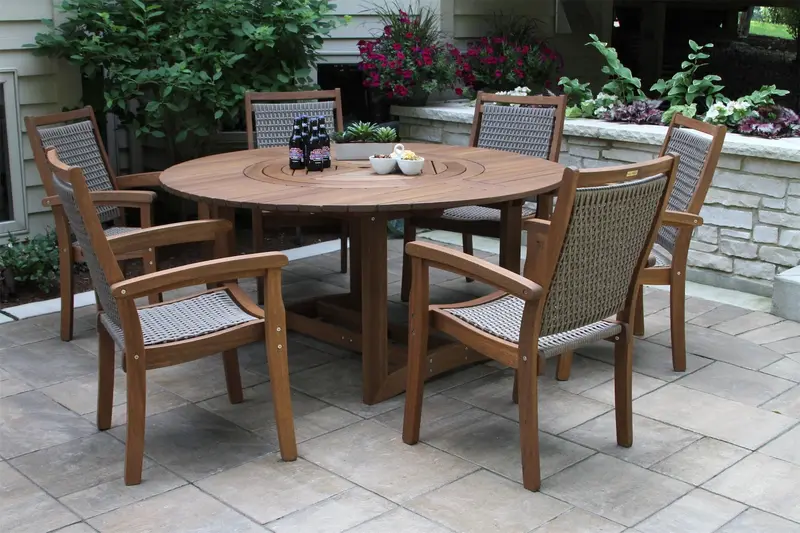 63-Inch Round Eucalyptus Dining Table With Lazy Susan + 6 Matching Chairs – Outdoor Interiors 20663 & 21090Gr 1