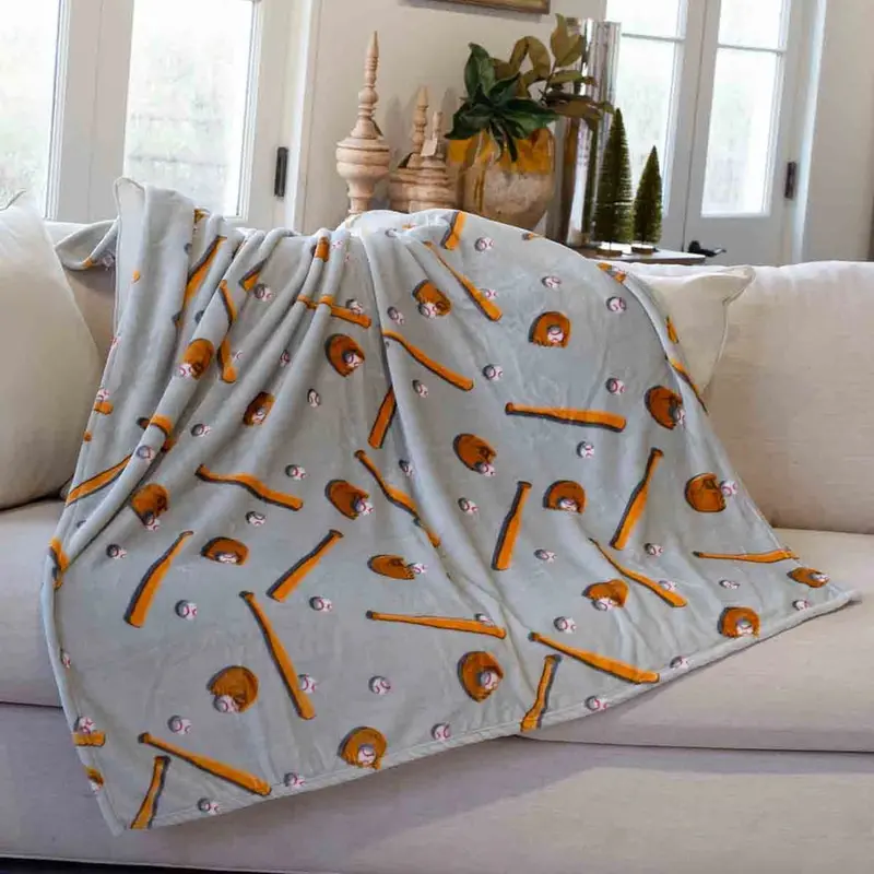 Baseball-Themed Gray And Brown Throw Blanket 1