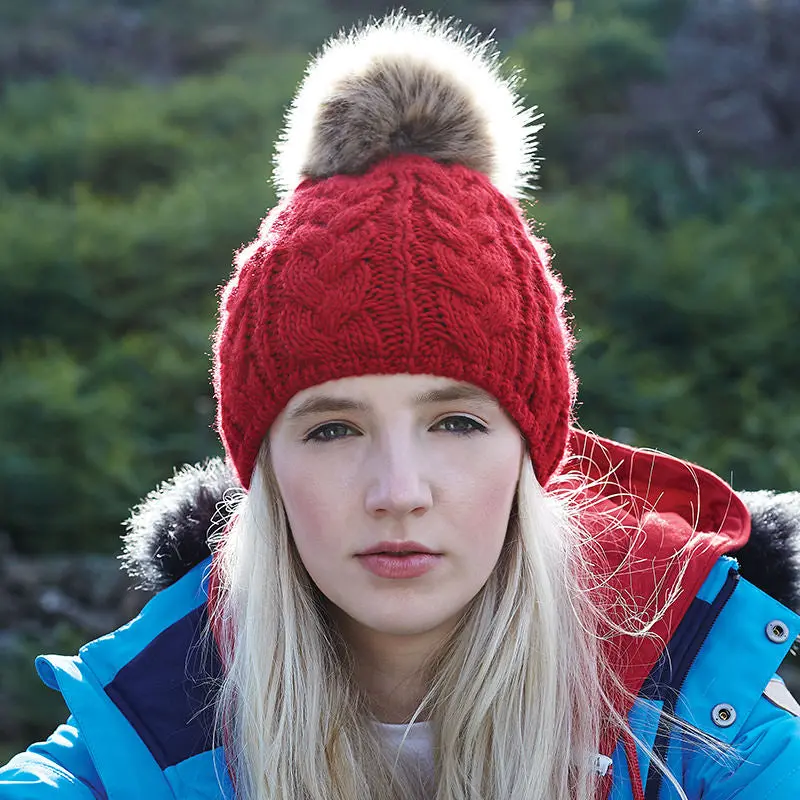 Fur-Pom Pom Cable-Knit Beanie 1