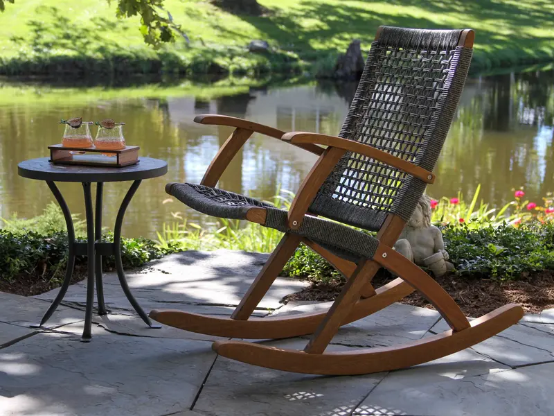 Outdoor Interiors Modern Rocking Chair – Grey Rope & Eucalyptus, Model 21095Pe 1