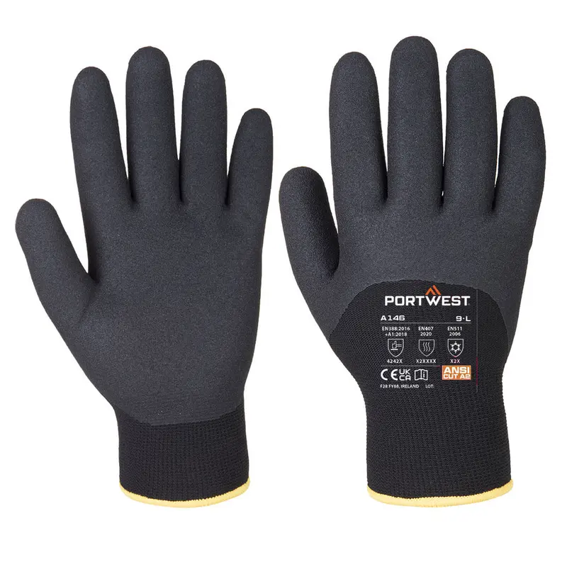Portwest Cold-15 Nitrile Sandy Grip Glove – Black, 3/4-Dipped, En511 Certified (A146) 1