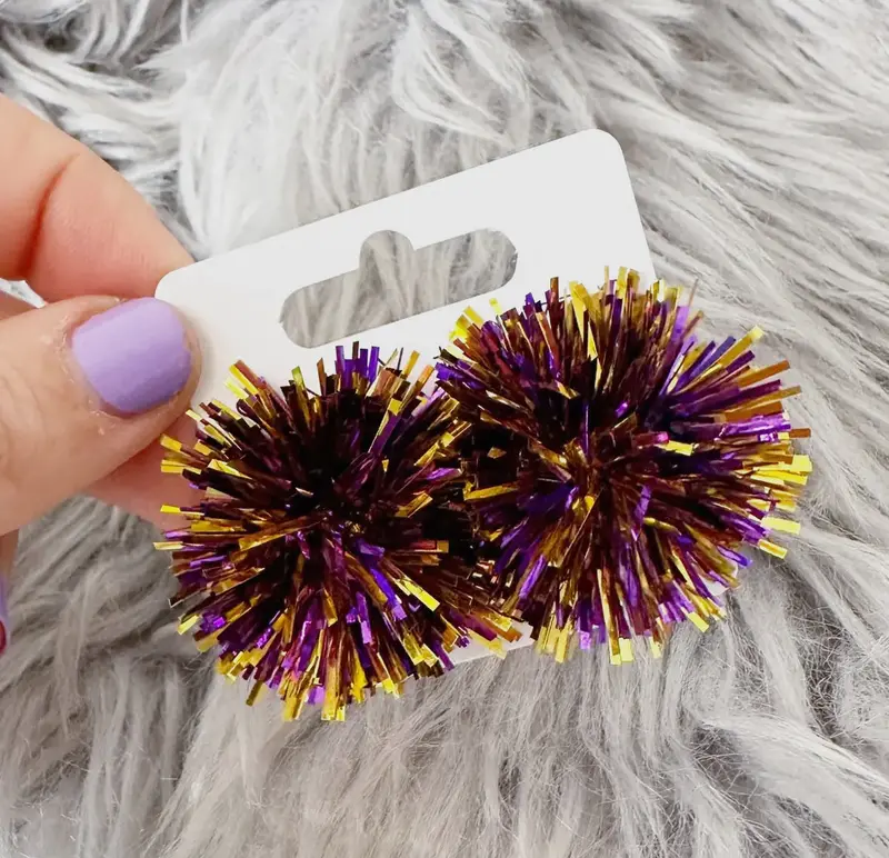 Purple And Gold Party Pom-Pom Stud Earrings 1