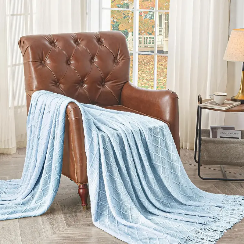 Textured Cable-Knit Throw Blanket With Decorative Tassels 19